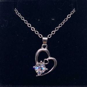 Imitation Silver Diamond Cubic Zirconia Gemstone Heart Necklace Gift Box